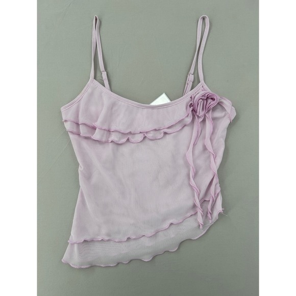 Tops - Lilac Pink Mesh Ruffle Rosette Camisole Top Asymmetrical Y2K Cami Size Small
